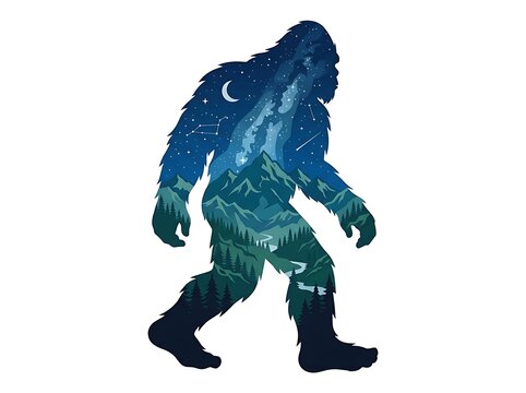 Silhouette of mythical creature filled with starry night sky and mountain landscape