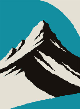 Mountain peak rendered in a stylized graphic design stands against a solid geometric background.