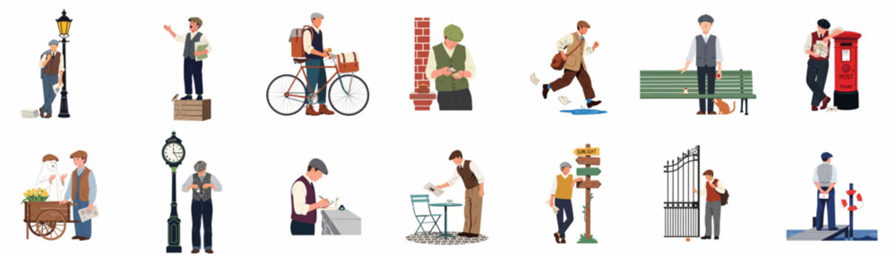 Collection of flat illustrations depicting men in vintage attire performing daily tasks like delivering mail, reading newspapers, and street vending.