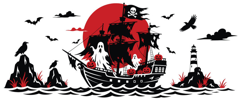 Halloween pirate ship with ghosts and pumpkins, red full moon, lighthouse, bats and ravens, spooky nautical scene for holiday decoration, vector illustration