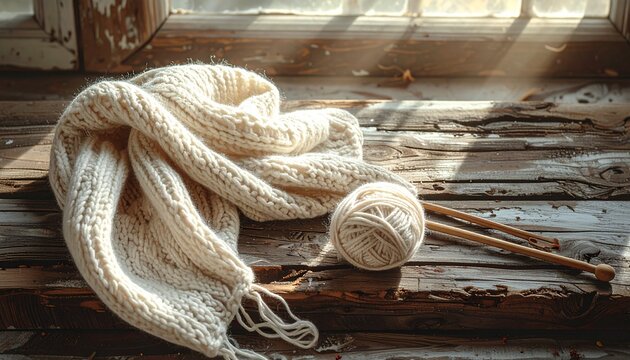 Halb gestrickter Schal mit Wollkn&auml;uel auf rustikalem Holzbrett