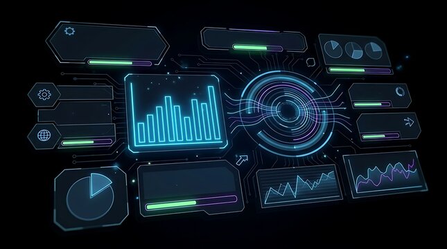 Futuristic digital dashboard with glowing data charts and interface
