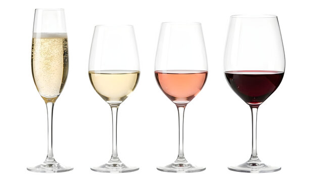 Set of four different wine glasses isolated as PNG