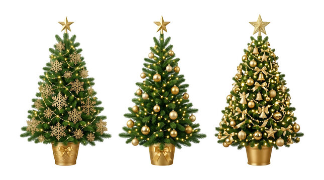 Three decorated christmas trees with golden ornaments and as isolated object