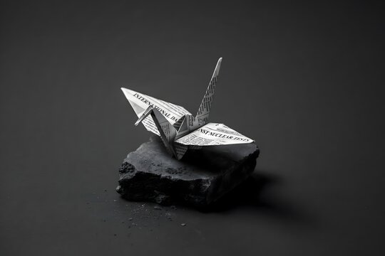Origami paper crane perched on a dark stone texture with sculpture, minimalist