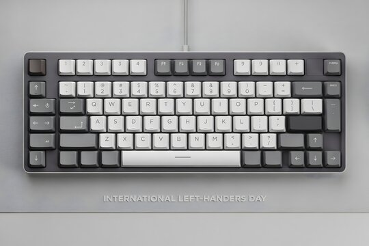 Top view of modern mechanical keyboard on light grey surface with keyboard