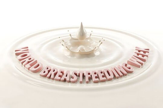 World breastfeeding week concept with milk splash and text, breastfeeding