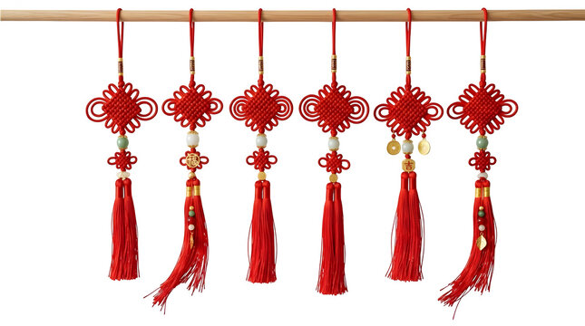 Six traditional red chinese knots hanging ornaments as PNG element
