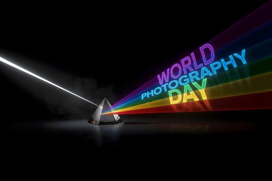 World photography day concept with glass prism splitting light into rainbow