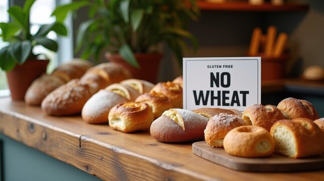 Mostrador de estilo r&uacute;stico que exhibe hogazas y boller&iacute;a dulce sin gluten, acompa&ntilde;ado de un letrero llamativo que indica la ausencia de trigo y se&ntilde;ala las opciones seguras