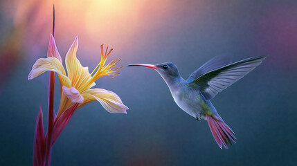 Obraz premium Hummingbird Hovering Near Yellow Flower at Sunset