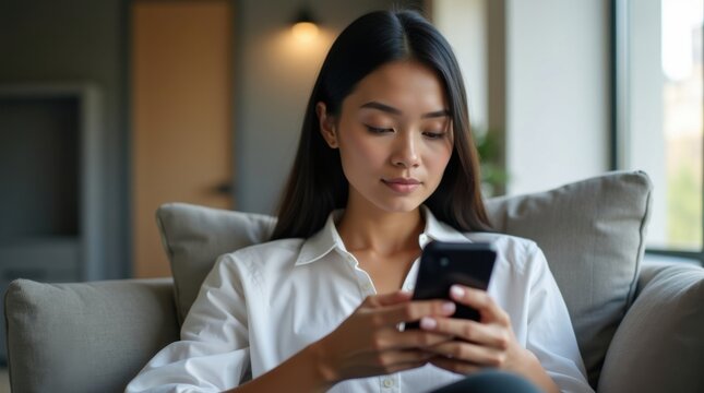 Mujer sosteniendo un tel&eacute;fono inteligente mientras est&aacute; sentada c&oacute;modamente en una habitaci&oacute;n moderna