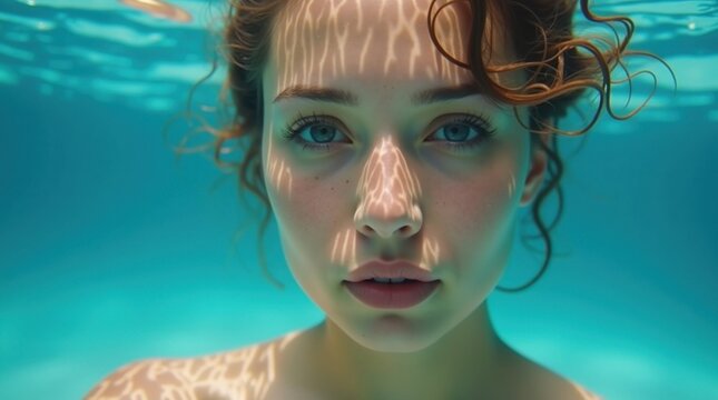 Mujer sumergida en aguas azules y cristalinas, con suaves rayos de sol iluminando su rostro