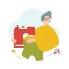 Senior woman upcycling a clothes with a sewing machine. Zero-waste lifestyle, DIY clothing repair, sustainable fashion, vector illustration. Isolated on white background.