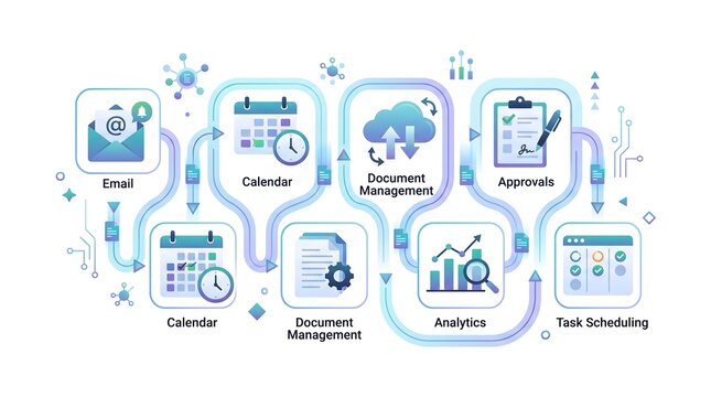 Modern conceptual illustration of a corporate digital workflow automation system for enhanced productivity, task scheduling, and data analytics