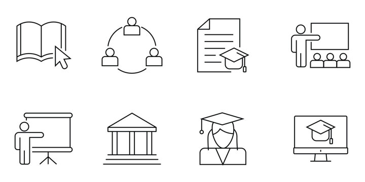 Education and elearning icon set vector line icons for online graduation, university, study, classroom, reading, certificate and webinar