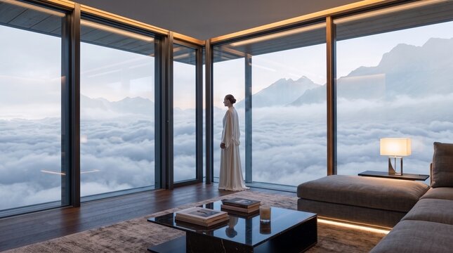 Woman Contemplating Serene Mountain Vista Above Clouds