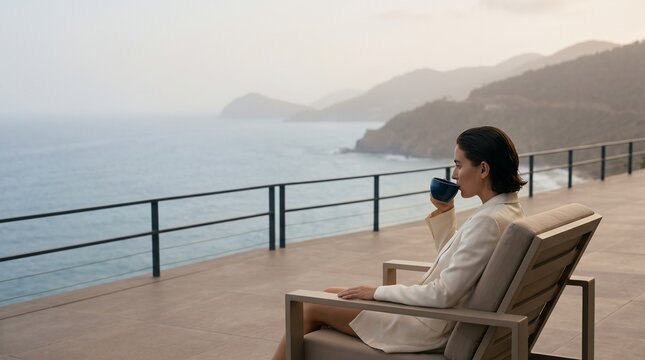 Woman Enjoying Coffee on Coastal Cliffside Terrace