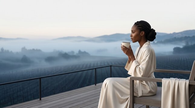 Woman Enjoying Morning Coffee at Mountain Viewpoint