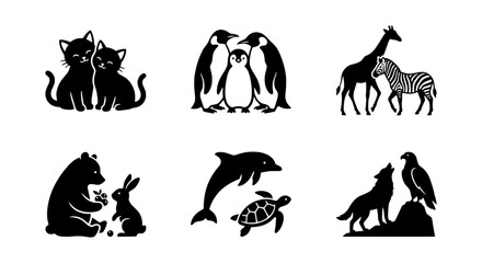 Fototapeta premium Cute Animal Pairs Silhouette Vector Icons, Friendship & Love Concepts, Black & White