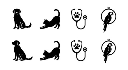 Obraz premium Pet Care Icons Set: Dog, Cat, Parrot, Stethoscope, Veterinary Symbols, Animal Health Graphics