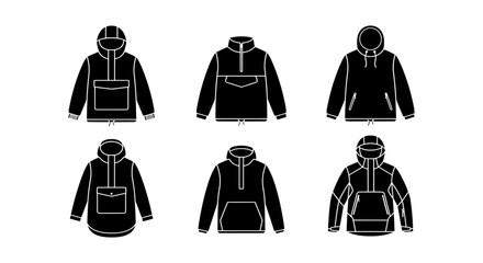 Anorak Jacket Fashion Flat Illustrations, Hooded Pullover Styles, Black Vector Apparel Templates © Sagor