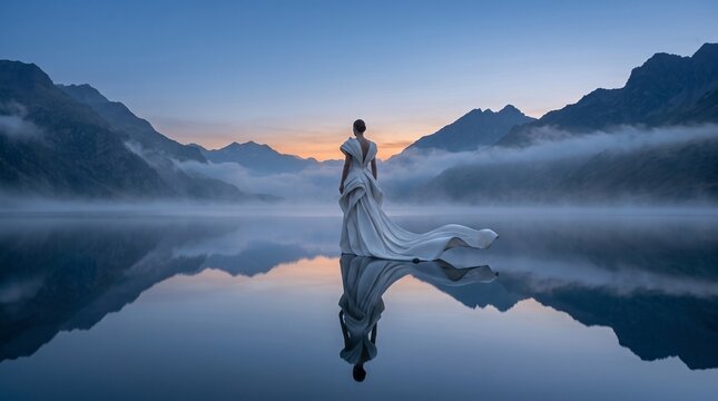 Woman in White Gown Standing in Misty Mountain Lake at Sunrise