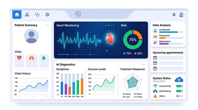 Comprehensive medical dashboard featuring AI analytics, patient health monitoring, heart rate data visualization, and clinical diagnostic interface tools