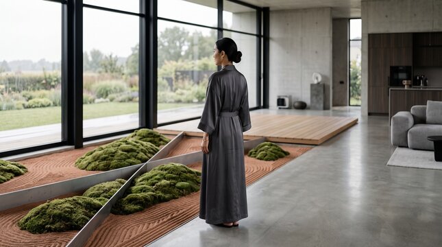 Woman in Zen Garden Interior Looking Out at Landscape