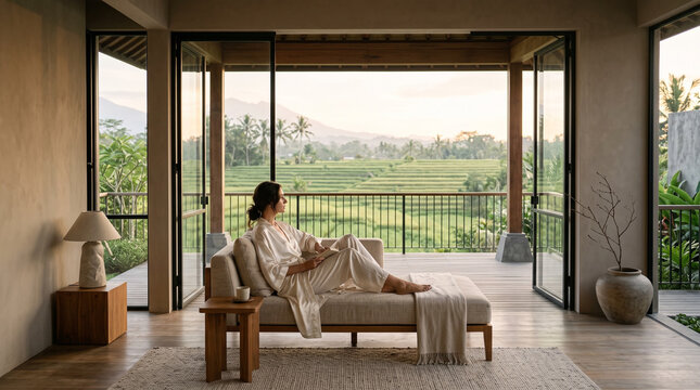Woman Relaxing on Lounge Chair Overlooking Rice Field Valley