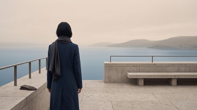 Woman Standing Alone at Waterfront Contemplating Horizon