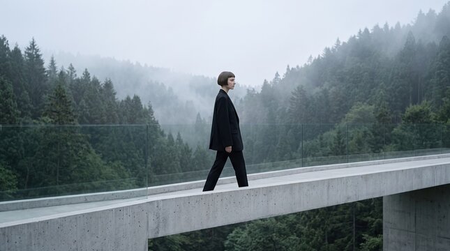 Woman Walking on Modern Bridge Above Misty Forest