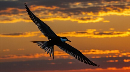 Fototapeta premium Silhouette common tern bird flies over water at sunset. Dramatic orange sky with clouds forms backdrop for avian in flight. Nature scene captures wildlife in action.