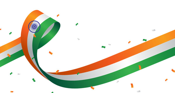 Indian Flag Ribbon Banner with Ashoka Chakra and Confetti Isolated on White Background, Tricolor Waving Ribbon for Independence Day Celebration
