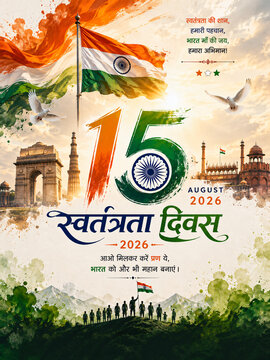 15 August Swatantrata Diwas 2026 Happy Independence Day India Poster with Ashoka Chakra, Tricolor Ribbon, India Gate and Red Fort Silhouette, Hindi Text Design