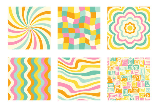Fun retro background, groovy vector design with trendy colors, waves, starburst, psychedelic
