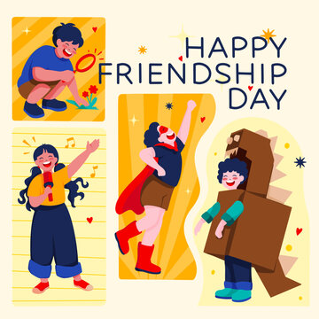 An illustration for Friendship Day featuring children who share close bonds with their own respective worlds of imagination, yet are still able to play together.