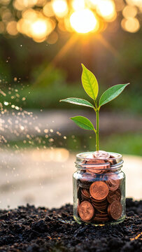 No people. A green plant sprout grows from a glass jar filled with coins in soil at sunset, symbolizing wealth, financial growth, and green economy. Ideal for savings concepts.