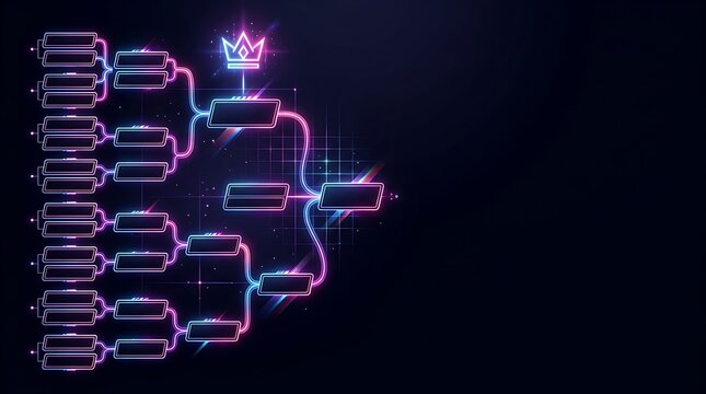 Neon esports tournament bracket with glowing crown on dark background