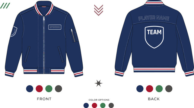 Navy Blue Bomber Jacket Mockup with Front and Back Team Name, Sponsor, and Number Design Template for Sports Apparel