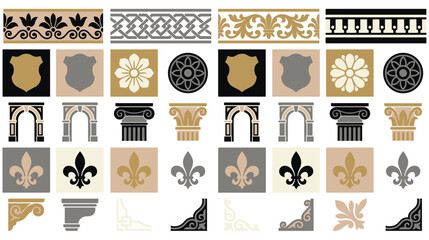 Classical ornaments borders shields and fleur de lis set isolated on white. © SELINA