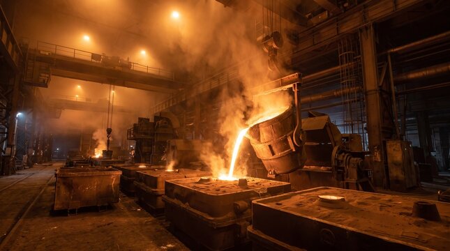 Molten metal being poured from a glowing crucible into a mold inside a dark industrial factory foundry