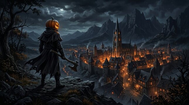 Pumpkin head figure with axe overlooking a medieval town at sunset, featuring dramatic skies and towering mountains on Halloween night