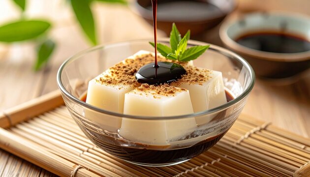 Japanese Warabimochi Dessert with Kinako Powder and Kuromitsu Black Sugar Syrup