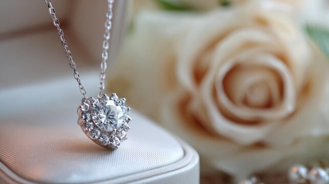 Elegant Diamond Heart Necklace Hanging on White Jewelry Box with Soft Rose Background, Luxury Fine Jewelry Gift, Romantic Bridal Necklace