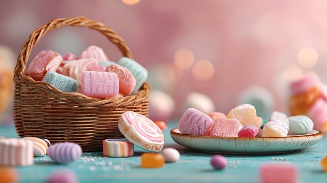 Chocolate Easter Eggs in a Woven Basket with Pink Flowers and Colorful Holiday Candy Decoration for Spring Celebration