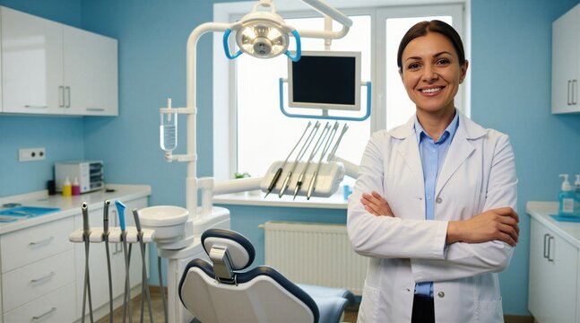 Female dentist wears white uniform in modern dental clinic. Pro woman smiles at camera with arms crossed. Clinic interior features medical equipment, bright office windows in background. Expert