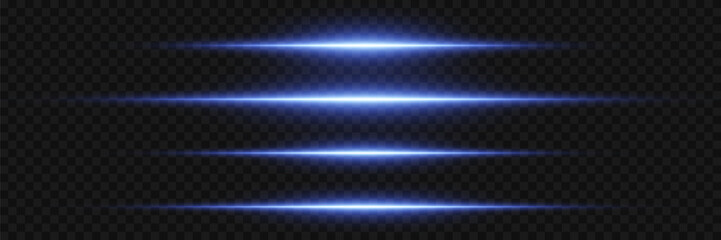 Set of four glowing blue light lines creating abstract optical lens flare effects on transparent background © Oleksandr
