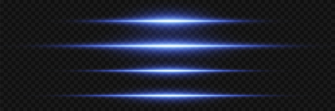 Set of four glowing blue light lines creating abstract optical lens flare effects on transparent background