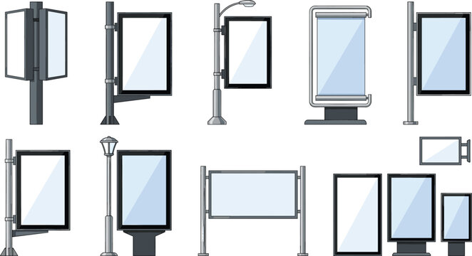 Blank Outdoor Billboard and City Lightbox Advertising Mockup Icon Set with Street Light Banners, Signage, and Poster Displays for Marketing Presentations